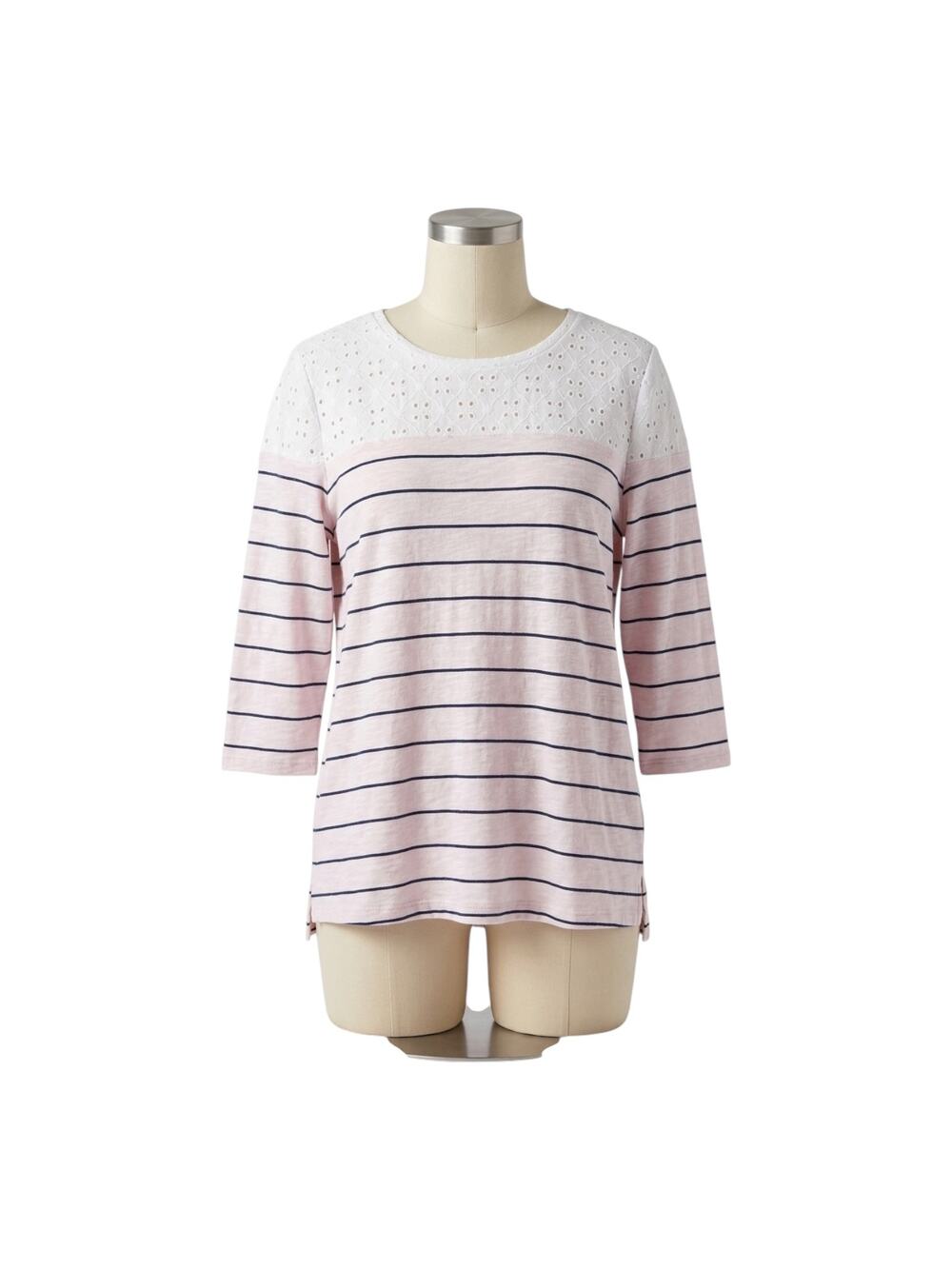 Maurices Large White Navy Striped Crochet Lace Eyelet 3/4 Sleeve Blouse L